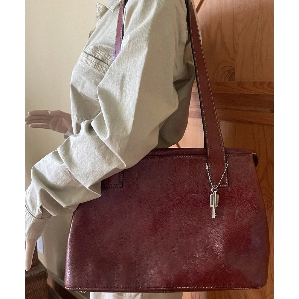Vintage Fossil Burgundy Leather Satchel Shoulder Bag Key Charm Classic Structure